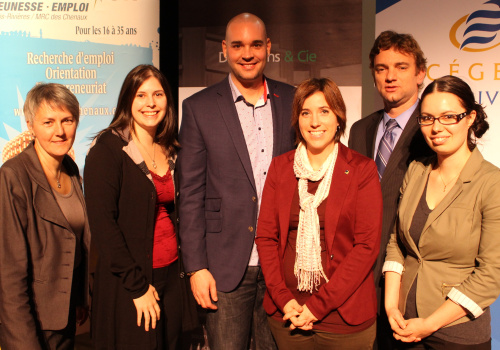 Lise Bourdages, Innovation et Développement économique Trois-Rivières, Stéphanie Blais, Cégep de Trois-Rivières, Nicolas Duvernois, conférencier et PDG de Pur Vodka, Catherine Lajoie, Carrefour jeunesse-emploi Trois-Rivières/MRC des Chenaux, Peter O'Grady, Desjardins-Entreprise et Geneviève Girard, Carrefour jeunesse-emploi Trois-Rivières/MRC des Chenaux.