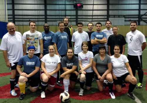 Les membres de la Ligue de soccer intérieur en 2013-2014. Devant, Julie Caron Royer, Stéphanie Normand, Marie-Élaine Desmarais, Marie-Noëlle Dupuis, Johanne Julien et Isabelle Tremblay. Sur la deuxième rangée : Michel Day, Benoît Levasseur, Stéphane Blé Velou, Joël Beauchemin, Thomas Gueutal, Élie Beauchemin, Alain St-Pierre, Simon Lévesque, Julien Vassallo, René Gagnon et Marc Langlois. Absents de la photo : Louis Tourville et Nicolas Simon.