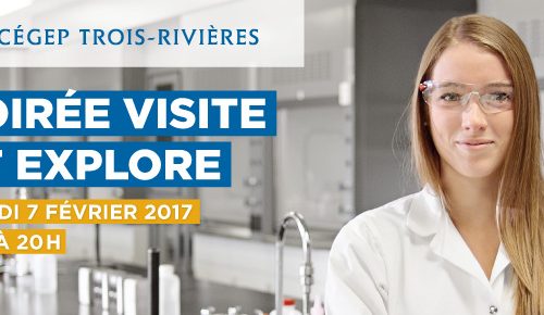 Affiche soirée Visite et explore 2017 Une femme dans un laboratoire avec des lunettes de protection